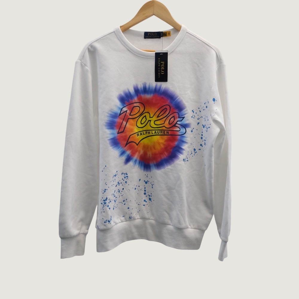 NWT Polo Ralph Lauren Tie Dye Logo Fleece Crewneck Sweatshirt Mens Small White